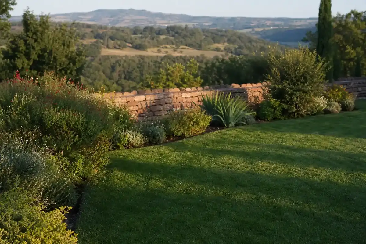 Jardin résidentiel soigné sur un plateau lumineux au nord-est de Rodez, pelouse dense bordée de massifs de plantes de terrain sec, muret en grès rose du Rouergue en arrière-plan, lumière chaude de fin de journée, cadrage large légèrement en plongée.