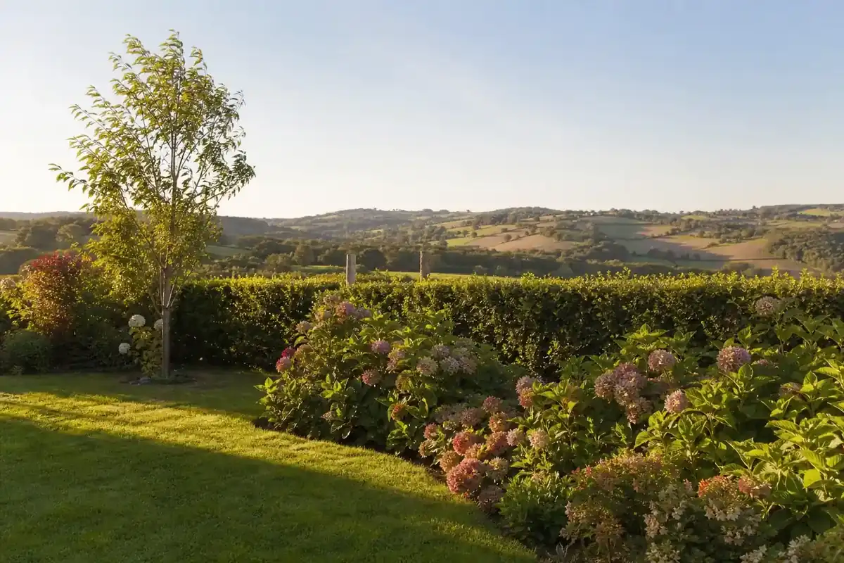 Jardin de campagne soigné sur un plateau du Ségala aveyronnais: une haie brise-vent taillée protège une pelouse dense et un massif d'hortensias, lumière rasante de fin d'après-midi, léger mouvement du vent dans les feuillages, cadrage large laissant voir l'horizon agricole vallonné en arrière-plan.