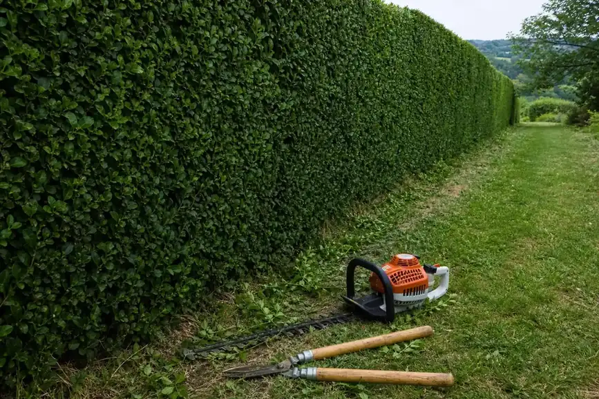Gros plan sur une face de haie fraîchement taillée au cordeau, ligne nette et dense, avec un taille-haie et une cisaille posés au premier plan.