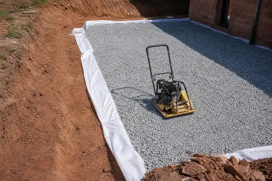 Gros plan sur une fondation de terrasse en cours : décaissement, géotextile et grave concassée compactée, plaque vibrante posée, chantier propre par temps clair.