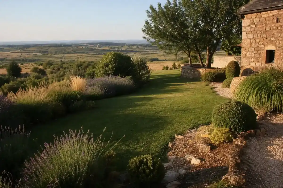 Jardin de maison en pierre sur le plateau du Causse Comtal au nord de Rodez : pelouse verte bordée de massifs de lavandes et de graminées adaptés au sec, terre claire et caillouteuse visible en bordure d'allée, arbustes taillés, lumière chaude de fin d'après-midi d'été, cadrage large légèrement en plongée laissant deviner l'ouverture du plateau calcaire en arrière-plan.