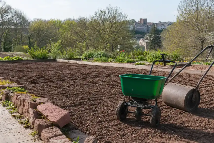Épandeur à semences en action sur une terre ameublie et ratissée d'un jardin ruthénois, sillons réguliers et rouleau de jardin posé à côté, prêt à plaquer les graines.