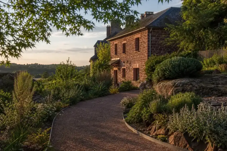 Allée de jardin en gravier stabilisé courbe menant à une maison ruthénoise en grès rose, bordée de massifs de vivaces sobres, terre rougeâtre de l'Aveyron, lumière douce de fin de journée.