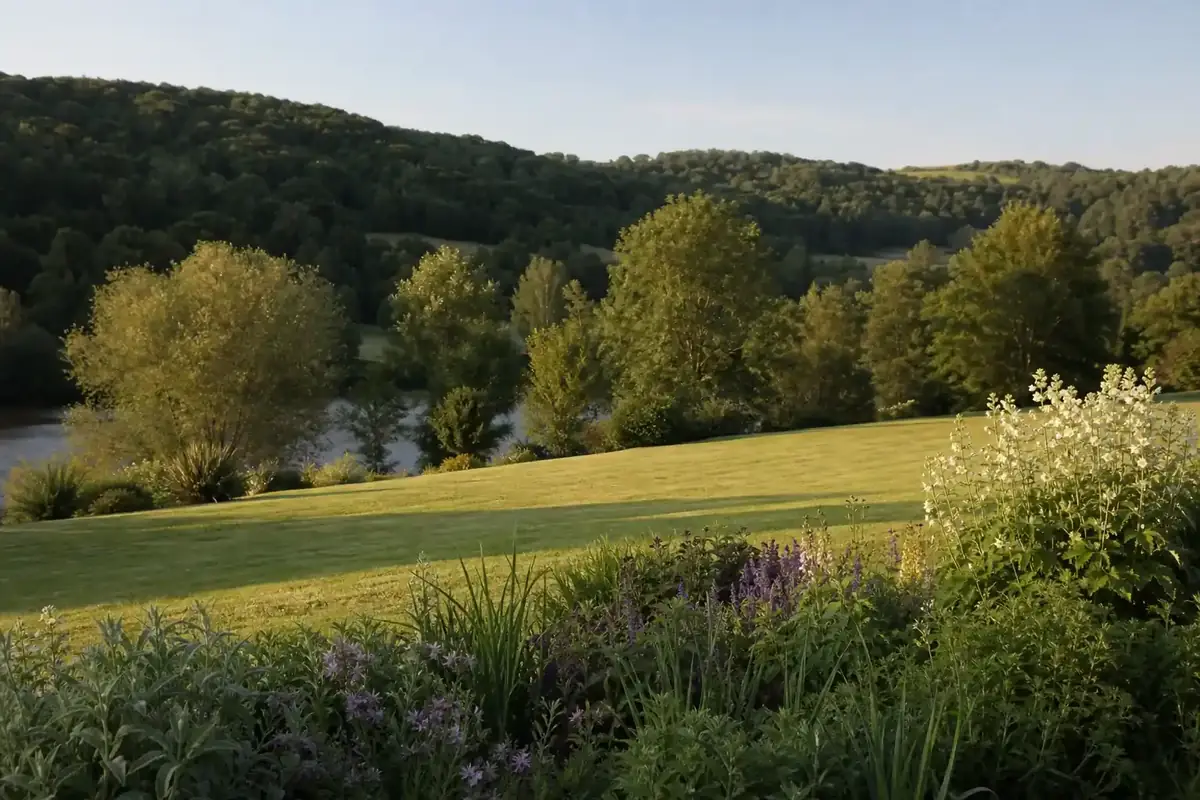 Jardin de vallée à Olemps en fin de journée, pelouse fraîche descendant vers la ripisylve de l'Aveyron, massif de vivaces au premier plan et coteau boisé en arrière-plan, lumière douce rasante, cadrage large horizontal.