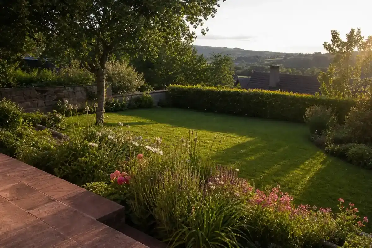 Jardin de particulier ruthénois vu depuis la terrasse : pelouse dense fraîchement tondue, haie de charmille taillée net, massif fleuri de vivaces au premier plan, lumière rasante dorée, aucune personne visible.