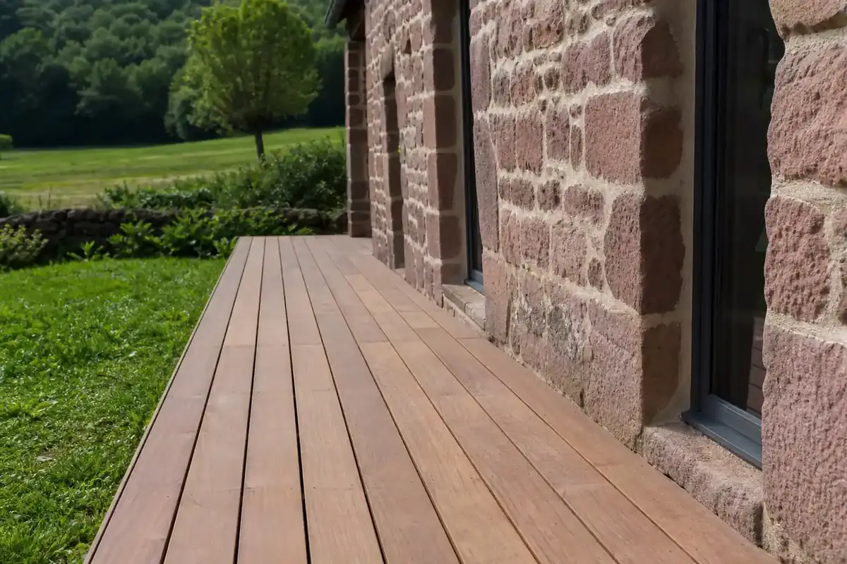 Détail d'une terrasse bois sur lambourdes vissées le long d'une façade en pierre du Rouergue, lames alignées, joints réguliers, jardin vert autour.
