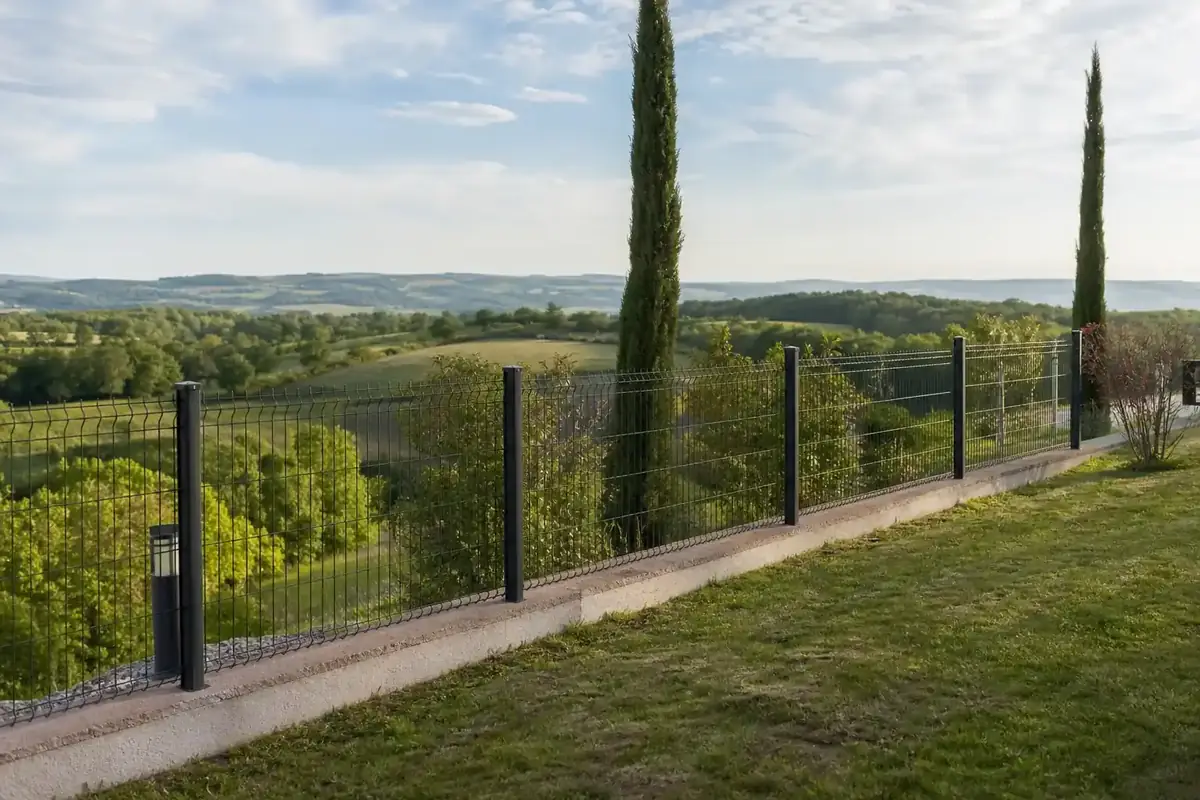 Photo d'une clôture moderne récente en panneaux ou grillage rigide dans un jardin de la région de Rodez, terrain légèrement pentu et dégagé, ciel des plateaux du Rouergue, lumière douce de fin d'après-midi, ambiance soignée et paisible.