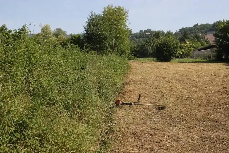 Fond de parcelle repris : à gauche ronces et friche, à droite terrain fauché et lisible prêt à être engazonné, débroussailleuse posée sur la ligne de partage.