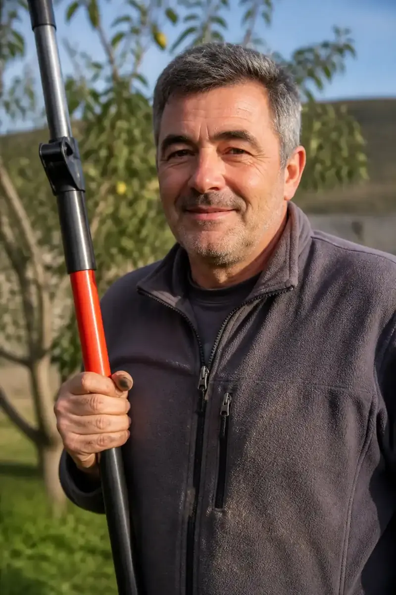 Portrait d'un homme d'une cinquantaine d'années, veste polaire de travail, une perche d'élagage à la main, arbre fruitier de jardin flou derrière lui, sourire discret, cadrage buste, lumière chaude.