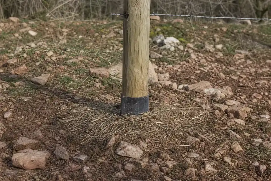 Gros plan sur le pied d'un support de clôture solidement ancré dans un sol caillouteux typique du causse ruthénois, finition paillée nette au sol.
