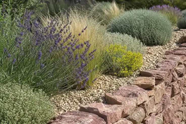 Gros plan d'un massif sec méditerranéen sur sol calcaire du causse : lavandes, santolines et graminées bordés d'un muret de grès rose, paillage minéral clair.
