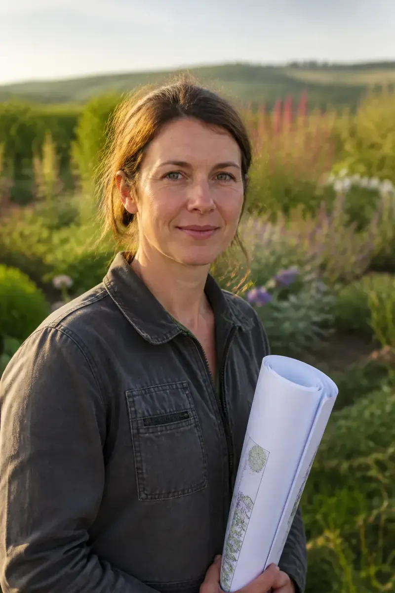 Portrait en extérieur d'une femme d'une trentaine d'années, veste de travail, un plan de jardin roulé à la main, massif fleuri de vivaces flou derrière elle, expression posée et avenante, cadrage buste, lumière de fin de journée.