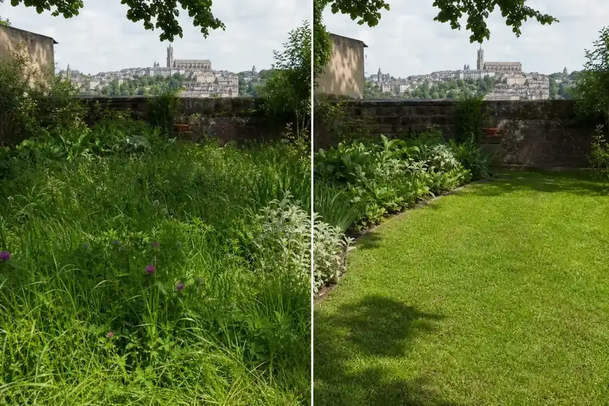 Bande avant/après d'un même jardin de faubourg ruthénois : à gauche pelouse haute et massif envahi, à droite pelouse tondue net et bordure au cordeau, même angle, même lumière.