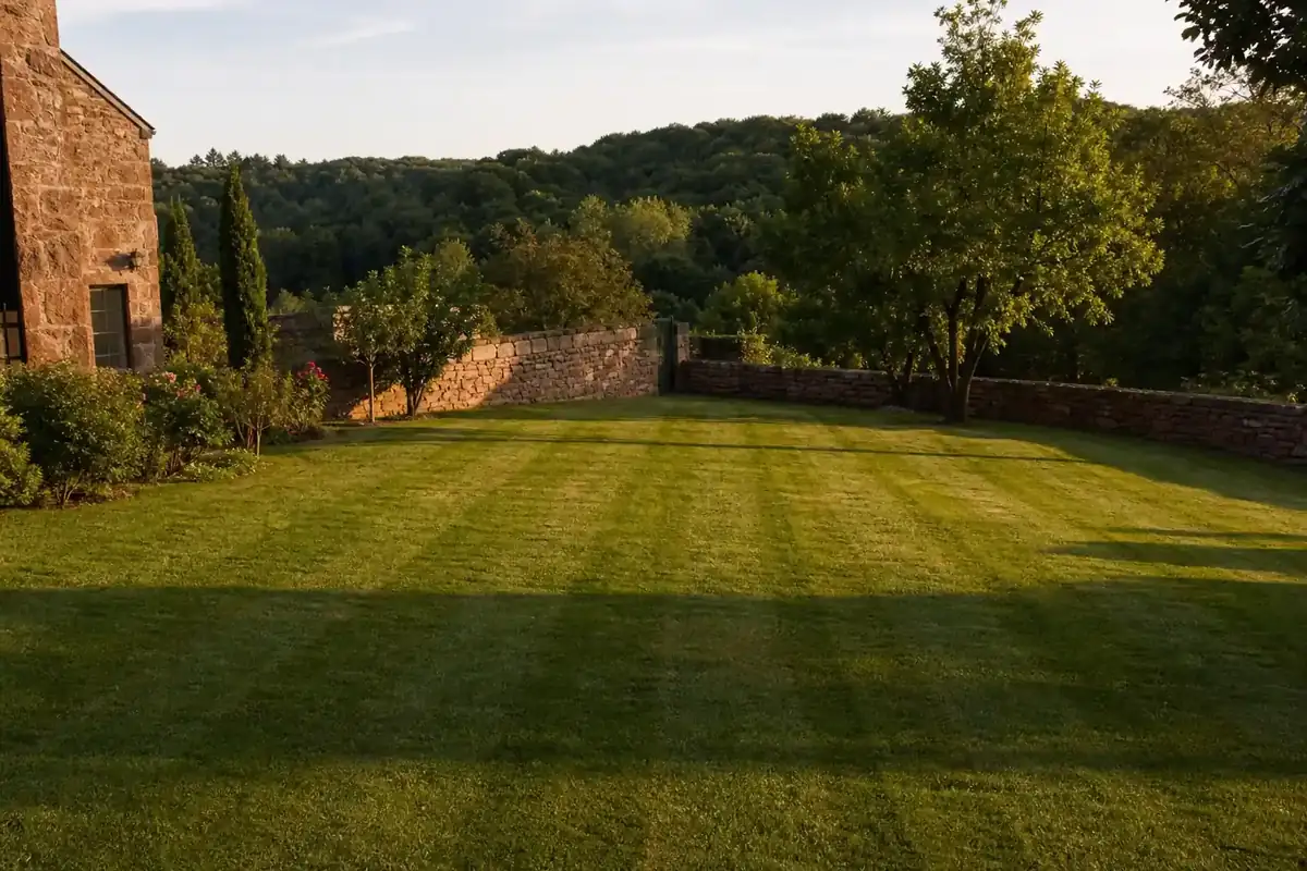 Photo réaliste d'une pelouse fraîchement tondue devant une maison en pierre du Rouergue à Rodez, bandes de coupe régulières, murets en grès rose en arrière-plan, lumière douce de fin de journée.