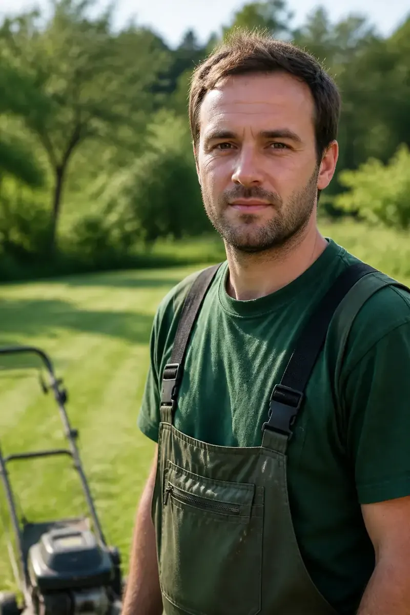 Portrait d'un homme d'une trentaine d'années en tenue de jardinier, debout près d'une tondeuse thermique, pelouse fraîchement tondue en arrière-plan flou, regard franc, cadrage buste, ambiance de matinée claire.